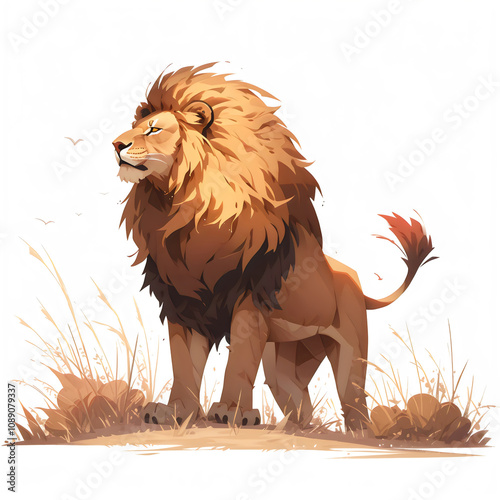 Illustration of a lion standing, isolated on a white background, design art, clip art image, Graphic logo, drawing clip art, Illustration painting, lion cartoon image photo