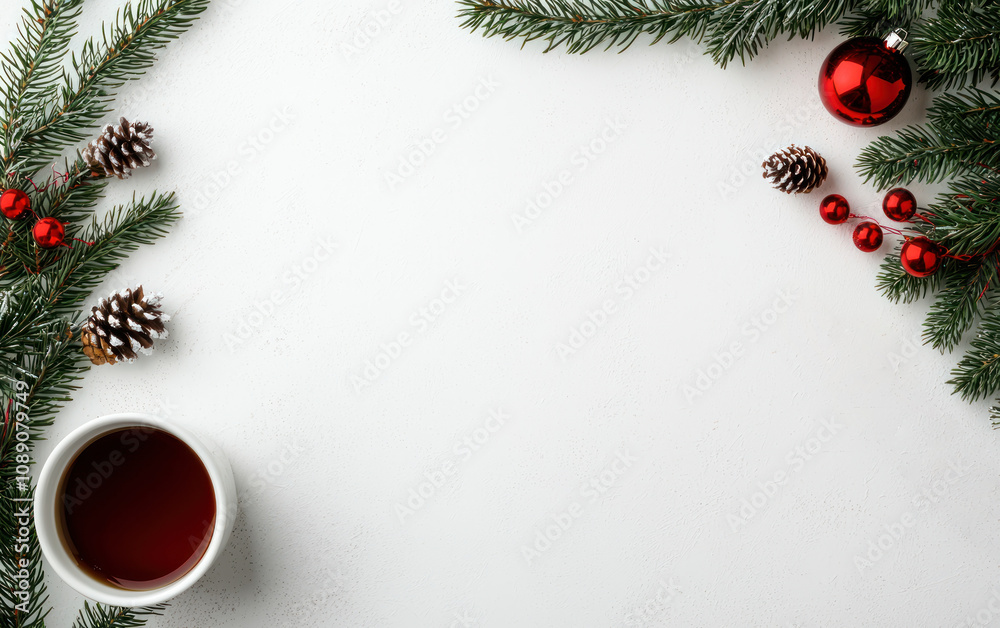 A cozy holiday scene featuring pine branches, red decorations, pine cones, and a cup of tea or coffee on a white background.