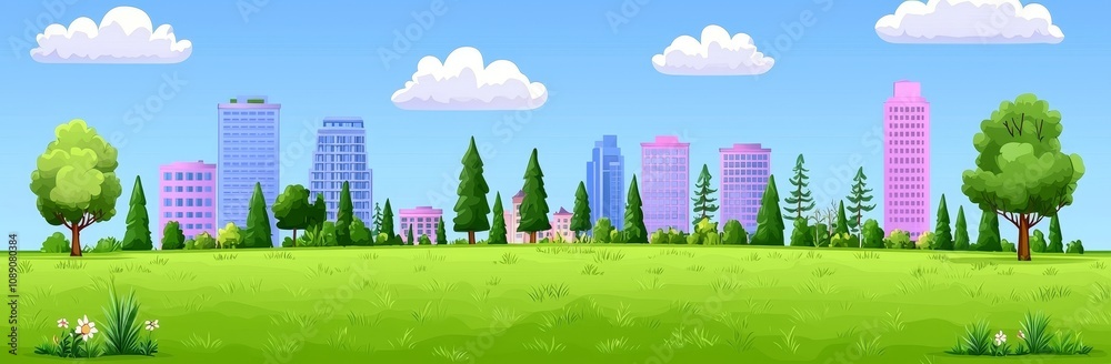 Urban skyline with skyscrapers, green lawn, and pathway in summer time. Summertime Cityscape. Cityscape with architecture with residences panorama, Cartoon modern illustration. Urban skyline with skyscrapers, green lawn, and pathway in summer time. Summertime Cityscape. Cityscape with architecture with residences panorama, Cartoon modern illustration.