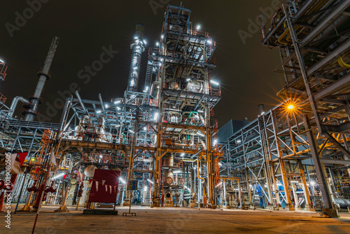 Oil refinery heavy plant from industry zone, night view column oil and gas petrochemical