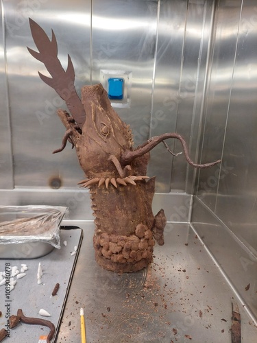 Detailed chocolate dragon sculpture showcased in a professional kitchen. The artistic craftsmanship highlights culinary creativity and fantasy themes, using textured chocolate 