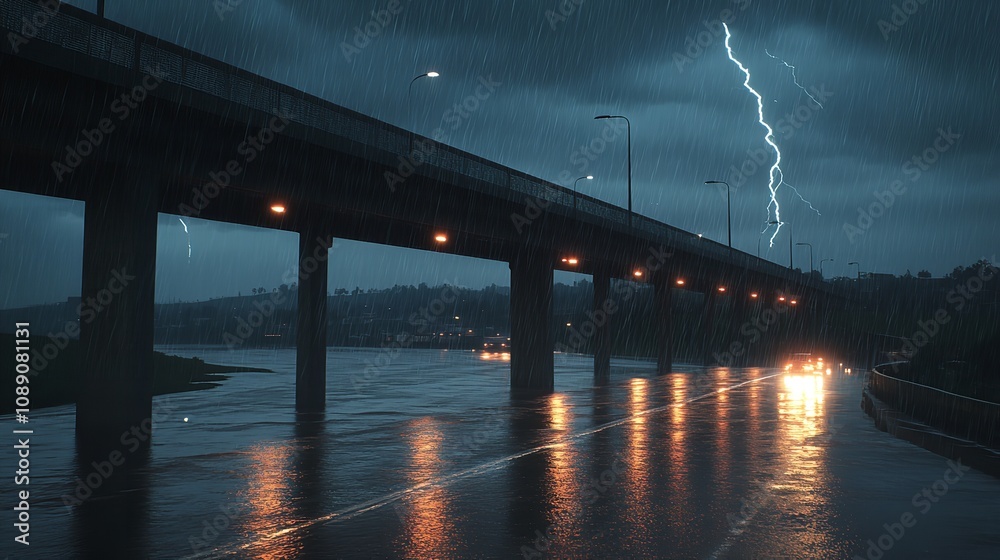 A modern highway bridge over a river during a rainstorm with misty atmosphere and glowing lights A modern highway bridge over a river during a rainstorm with misty atmosphere and glowing lights