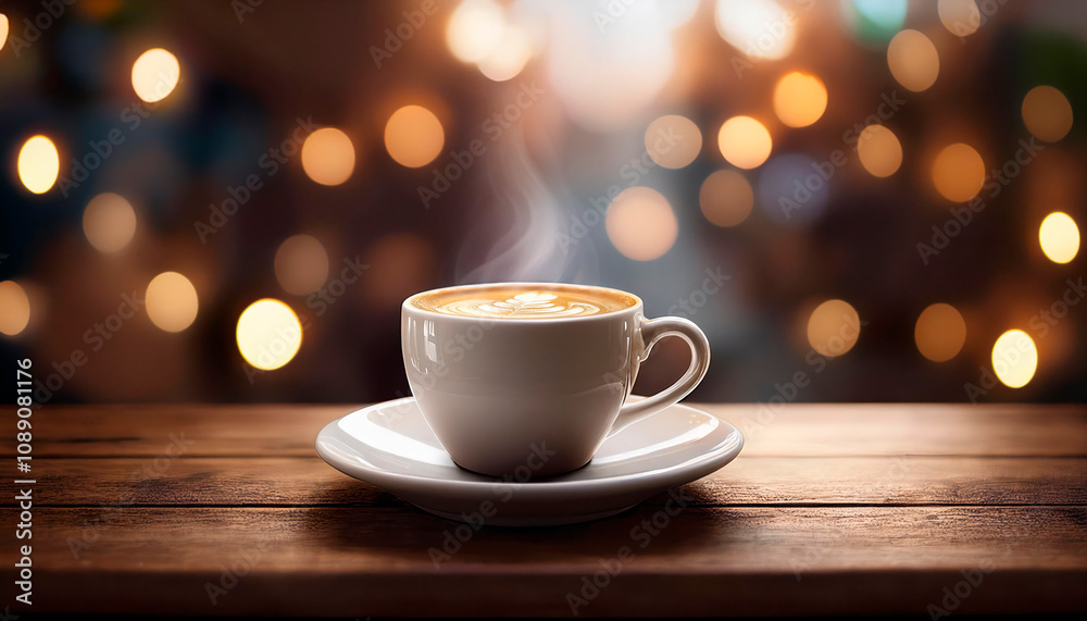 Steaming cup of coffee with creamy latte art foam on a wooden table, set against a magical and cozy atmosphere with warm bokeh lights in the background Steaming cup of coffee with creamy latte art foam on a wooden table, set against a magical and cozy atmosphere with warm bokeh lights in the background