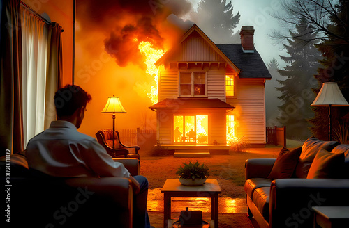 A man is sitting and looking at a burning house. A crazy man watches his life and inner world burn and collapse. The need for psychotherapy