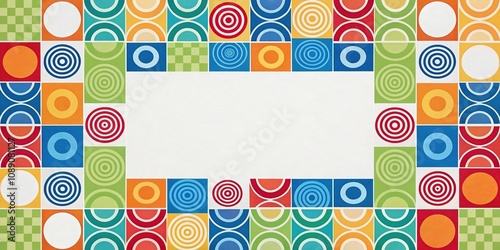 Background composed of interlocking squares and circles in various sizes and colors, geometric patterns, geometric patterns