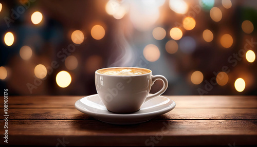 Steaming cup of coffee with creamy latte art foam on a wooden table, set against a magical and cozy atmosphere with warm bokeh lights in the background