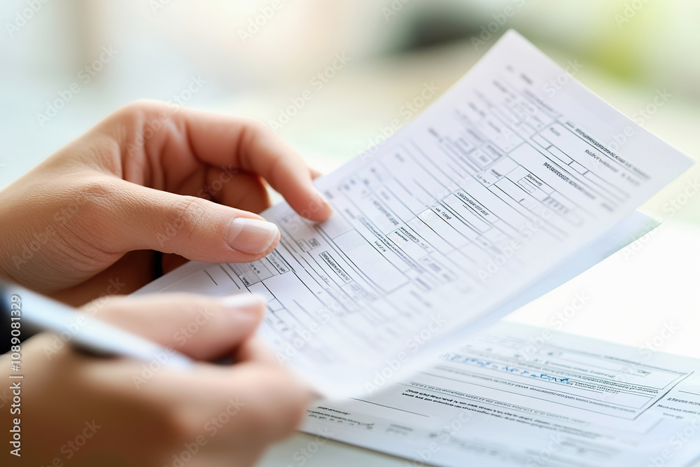 Obraz premium Person reviewing bank statements in a calm indoor setting with hands visible