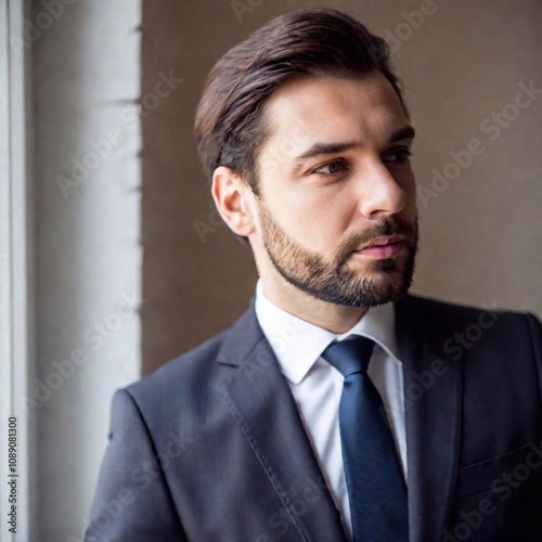 close - up portrait of handsome young businessman in suit looking at camera