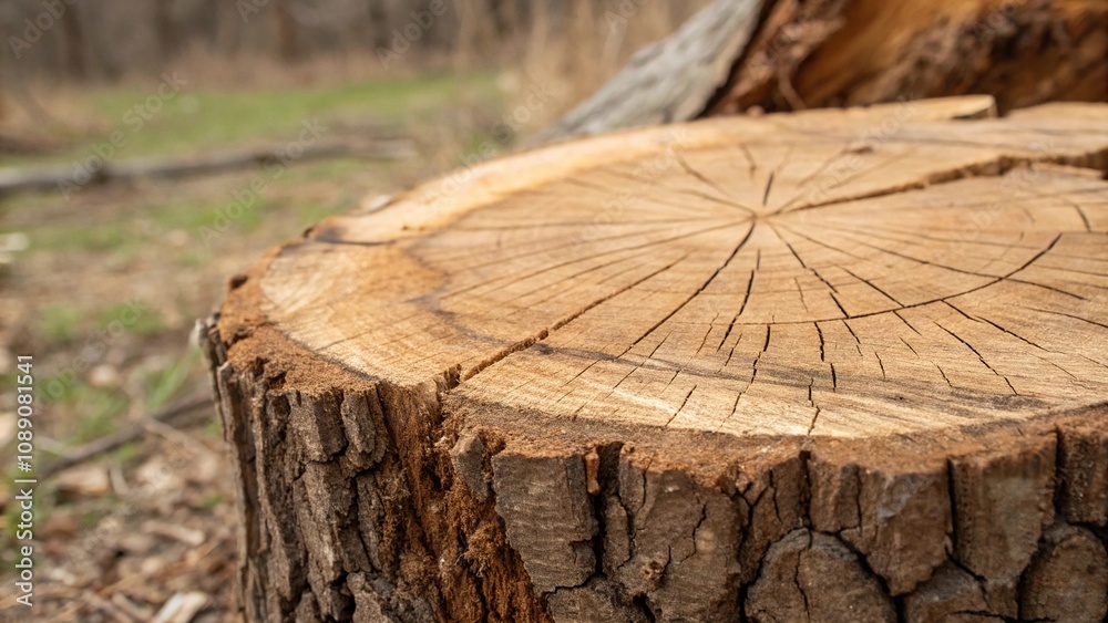 Close-up of brown tree stump slice with visible wood grain and wood texture, wood texture, forest Close-up of brown tree stump slice with visible wood grain and wood texture, wood texture, forest