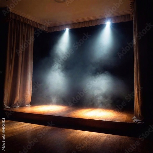 A dark intense smokey scene on a stage. Velvet curtains and stage lights  frame the forrest like scene photo