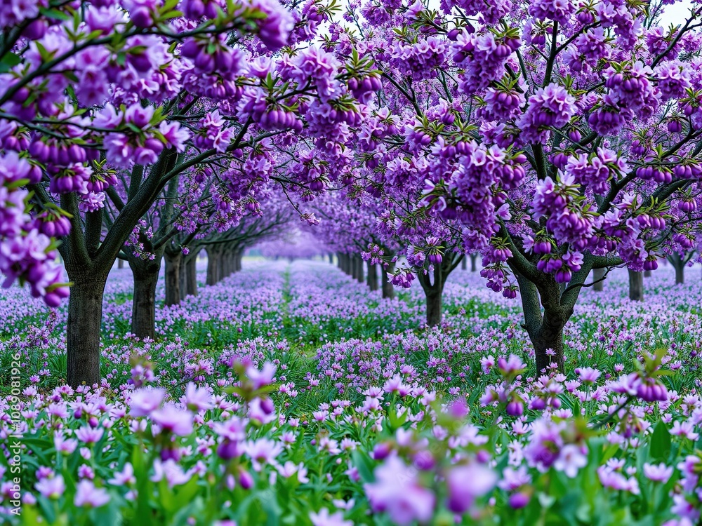 Obraz premium Field of plum trees with bright purple blossoms, floral patterns, plum blossoms, spring flowers