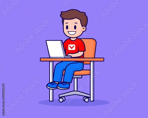 Character illustration of a man sitting and standing at a desk working on a computer. Cartoon illustration of a handsome guy in jeans sitting on a chair at a desk and working on a computer.