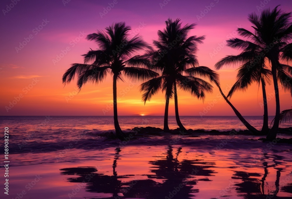 vibrant silhouettes palm trees set stunning sunset canopy evoking beauty serenity, sky, color, contrast, light, dusk, horizon, cloud, view, landscape vibrant silhouettes palm trees set stunning sunset canopy evoking beauty serenity, sky, color, contrast, light, dusk, horizon, cloud, view, landscape
