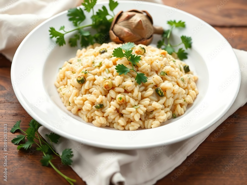Italian risotto with artichokes and fresh parsley on a white plate, gourmet meal, green vegetable, artichoke Italian risotto with artichokes and fresh parsley on a white plate, gourmet meal, green vegetable, artichoke