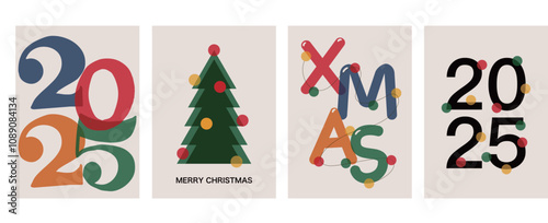 Merry Christmas and Happy New Year greeting card Set. Modern beautiful Xmas design with typography, Christmas tree branches, balls pattern. Minimal art banner, poster, cover templates.2025