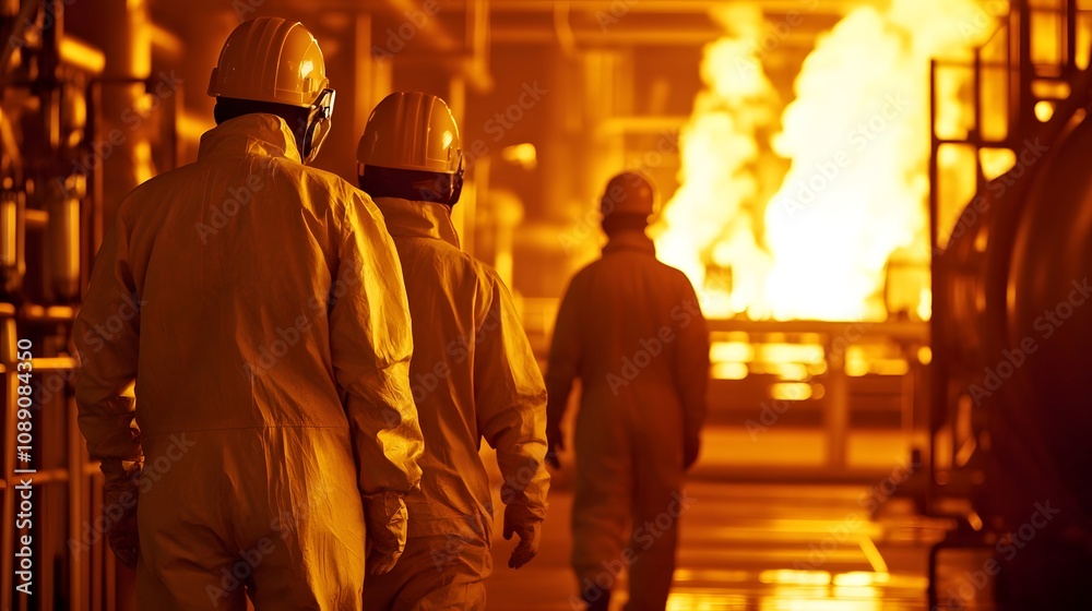 Oil and gas workers in a petrochemical refinery wearing flame-resistant PPE while working near open flames and heavy machinery Oil and gas workers in a petrochemical refinery wearing flame-resistant PPE while working near open flames and heavy machinery