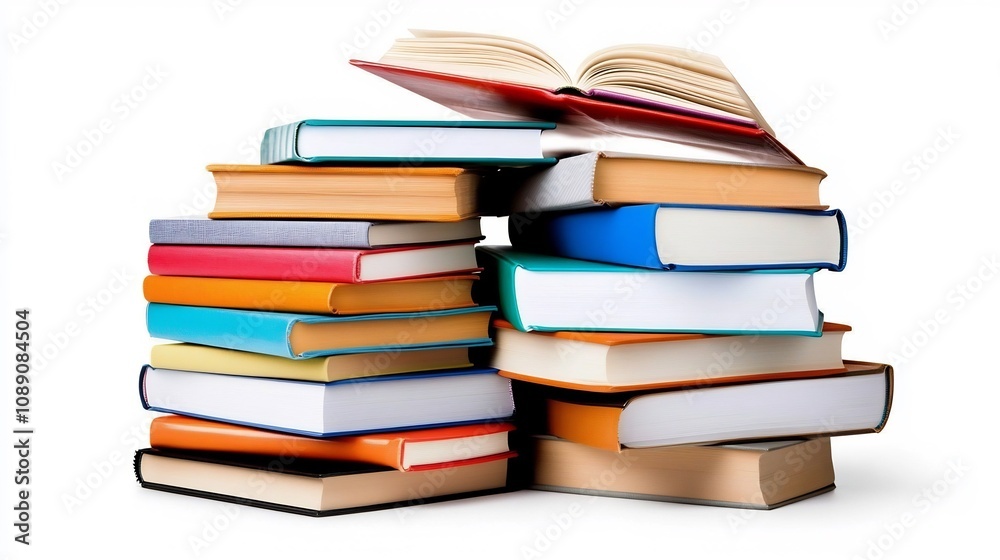 Stacked Hardcover Books with Varied Covers on White Backdrop Stacked Hardcover Books with Varied Covers on White Backdrop