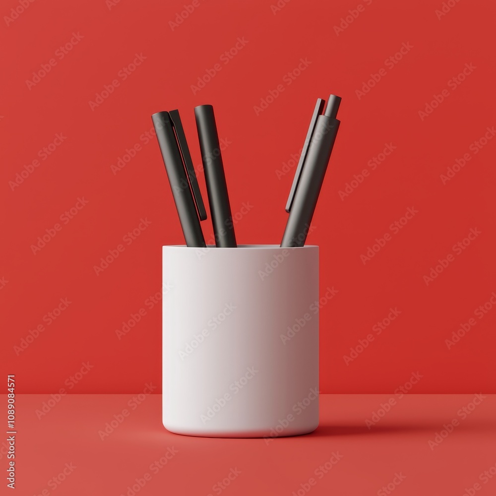 A minimalistic design featuring black pens in a white holder against a bright red background. Personal productivity for goals and success concept.