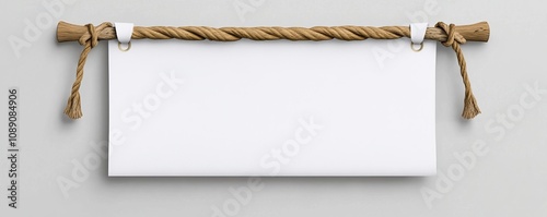 An advertising banner made of white canvas material, hung on a rope. 3D empty textile material poster mockup set isolated on transparent background. Hanging cloth signboard.