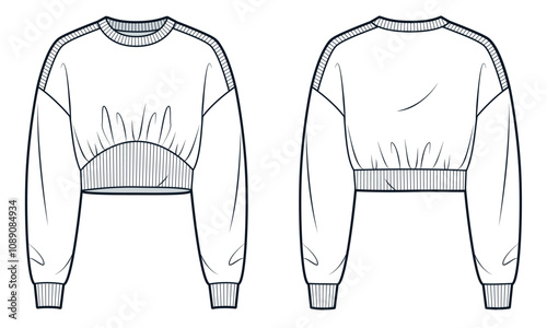 Sweatshirt technical fashion illustration. Cropped Sweatshirt fashion flat technical drawing template, round neck, ribbed, oversize, front and back view, white, women, men, unisex CAD mockup.