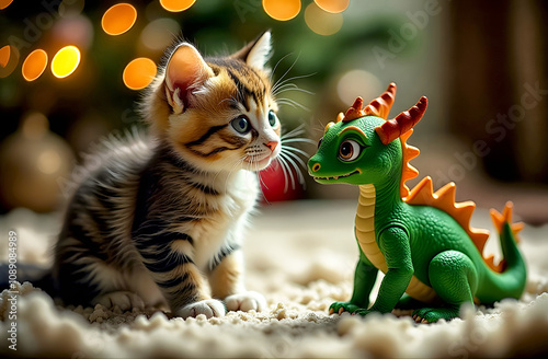 A playful kitten meets a colorful dragon toy during the festive Christmas season at home, showcasing holiday cheer and innocence photo