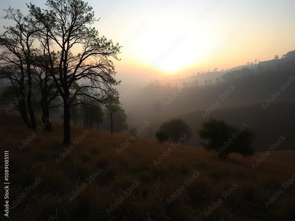 Misty dawn scene with rolling hills and trees, green, ethereal, soft focus Misty dawn scene with rolling hills and trees, green, ethereal, soft focus