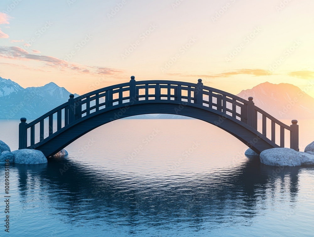 Fototapeta premium A serene wooden bridge arches over calm waters, surrounded by mountains, illuminated by a warm sunset. self improvement balance concept.