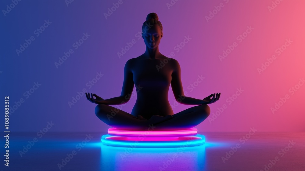A silhouetted figure meditates on a glowing circular platform, surrounded by vibrant pink and blue lights, creating a serene and futuristic atmosphere. self improvement balance concept. A silhouetted figure meditates on a glowing circular platform, surrounded by vibrant pink and blue lights, creating a serene and futuristic atmosphere. self improvement balance concept.