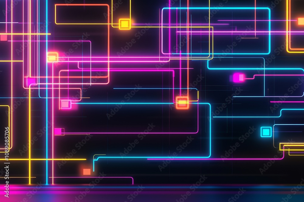 A vibrant digital abstract design featuring colorful neon lines and geometric shapes against a dark background. Personal productivity for goals and success. A vibrant digital abstract design featuring colorful neon lines and geometric shapes against a dark background. Personal productivity for goals and success.