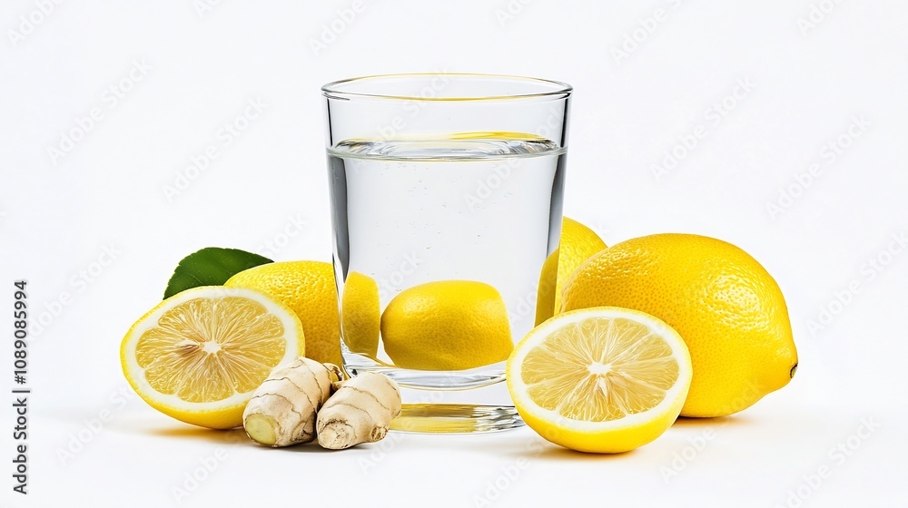 Refreshing Glass of Lemon Water with Ginger Slices on White Background Refreshing Glass of Lemon Water with Ginger Slices on White Background