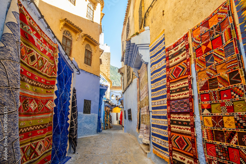 Rugs on Street of Chefchaouen, Morocco in North Africa