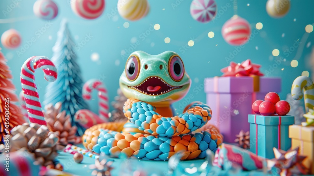 A cheerful, cartoon snake wearing a Santa hat, surrounded by presents, candy canes and Christmas ornaments. A cheerful, cartoon snake wearing a Santa hat, surrounded by presents, candy canes and Christmas ornaments.