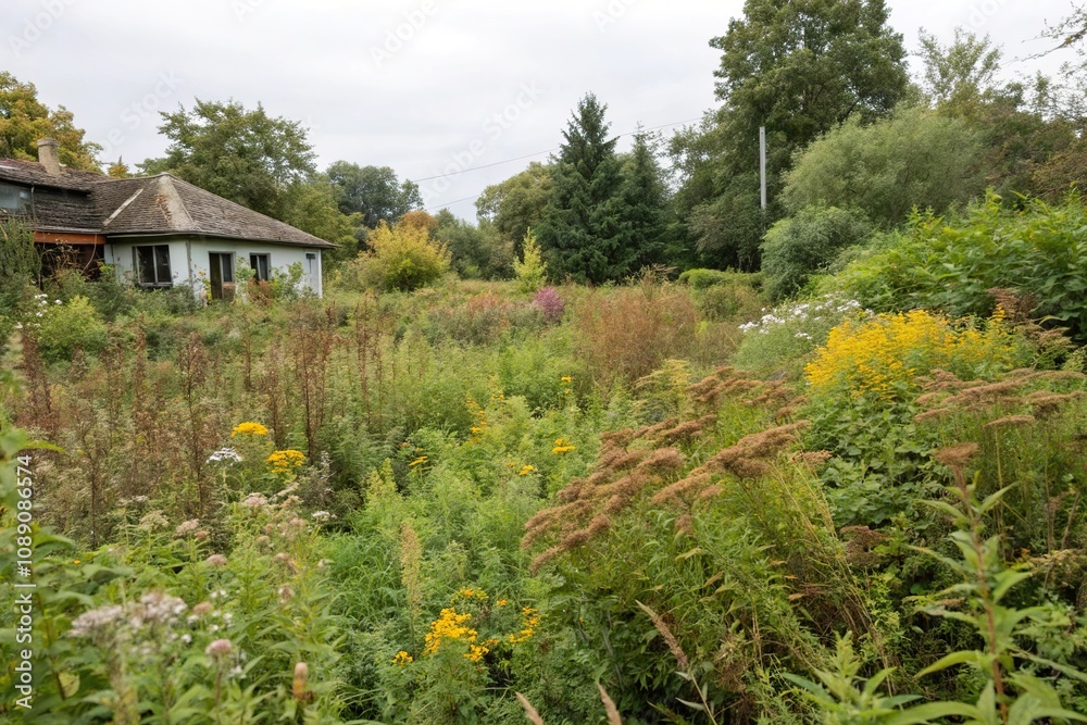 Overgrown garden with weeds and wildflowers in shades of green and brown, organic, garden, grunge, wildflowers Overgrown garden with weeds and wildflowers in shades of green and brown, organic, garden, grunge, wildflowers
