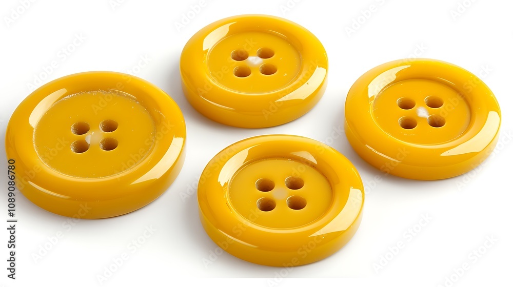 Four shiny yellow buttons with four holes each, arranged neatly. Four shiny yellow buttons with four holes each, arranged neatly.