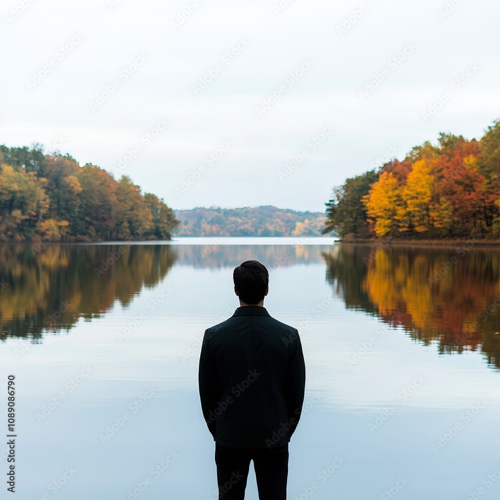 habits for self-improvement concept. A person in a suit stands by a tranquil lake surrounded by autumn foliage. habits for self-improvement concept. A person in a suit stands by a tranquil lake surrounded by autumn foliage.