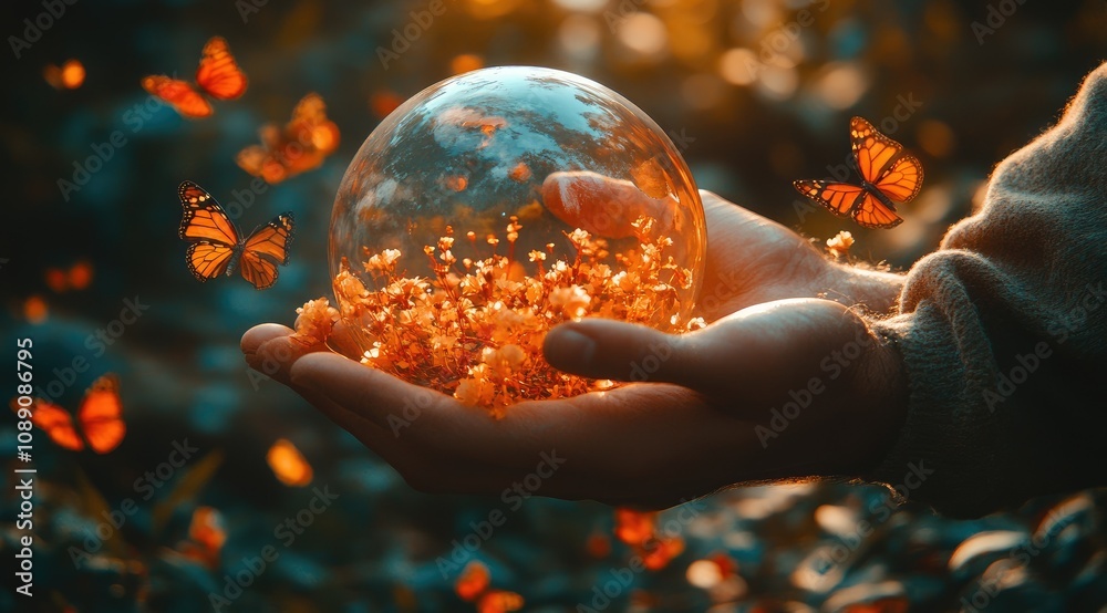 Hands gently hold a glass sphere filled with glowing flowers, surrounded by butterflies. Hands gently hold a glass sphere filled with glowing flowers, surrounded by butterflies.