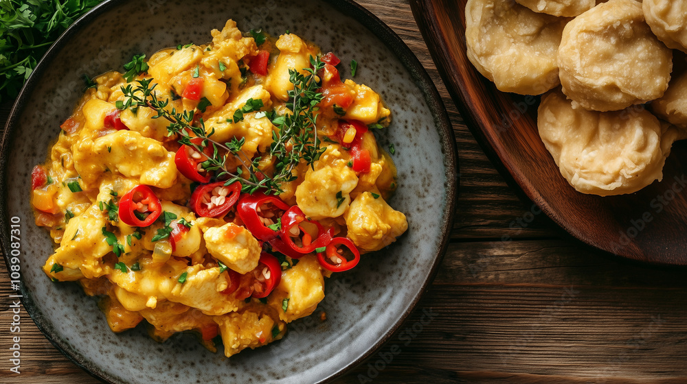 Ackee and saltfish with peppers and thyme served with fried dumplings Ackee and saltfish with peppers and thyme served with fried dumplings