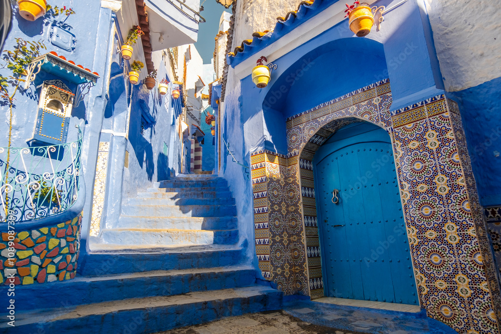Street View of Blue City houses in Chefchaouen, Morocco in North Africa