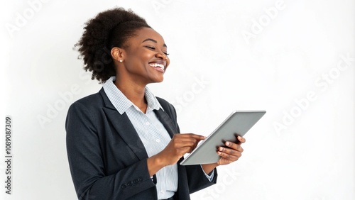 Happy young African American business woman holding digital tablet standing isolated on white background, smiling busy sales professional ethnic lady corporate leader working on pad device. Portrait.