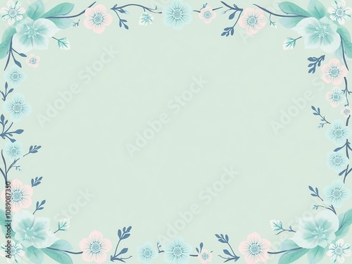 Pastel floral border with teal green hues surrounds a blank copy space, garden, spring, elegant