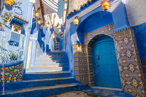 Obraz na płótnie Street View of Blue City houses in Chefchaouen, Morocco in North Africa w salonie
