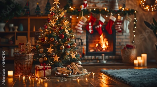 A Christmas tree shining with stars, gingerbread cookies, baubles, and candy canes, standing near a glowing fireplace in a warm and festive living room. 