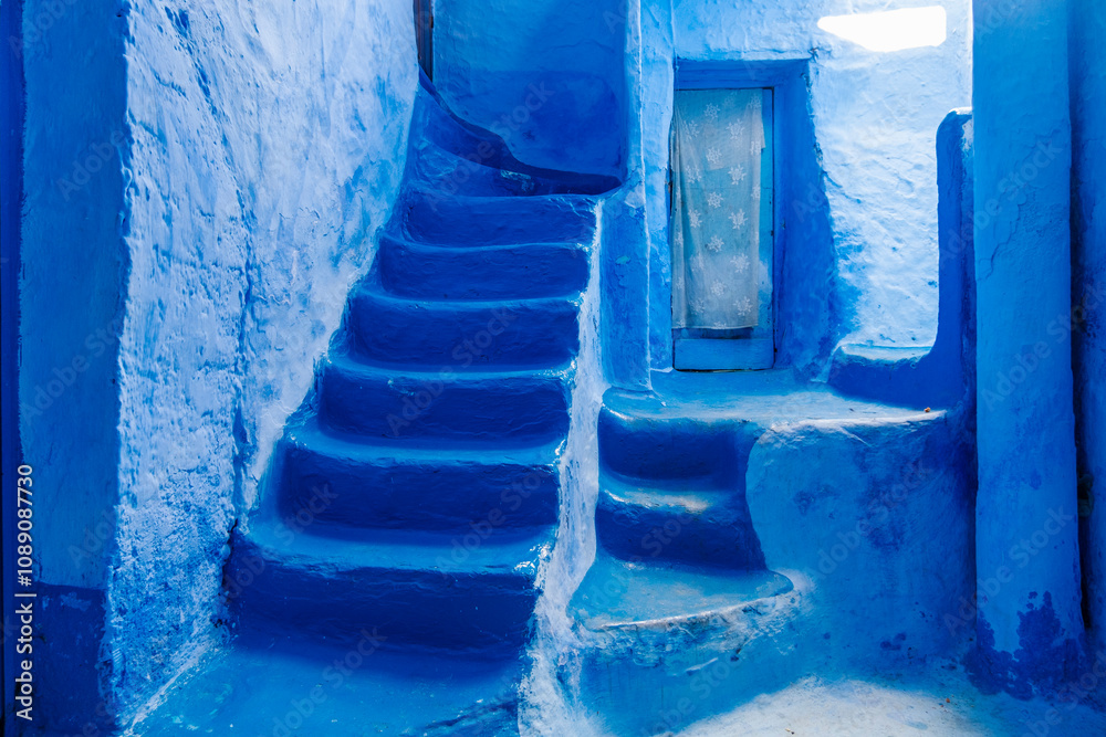 Street View of Blue City houses in Chefchaouen, Morocco in North Africa