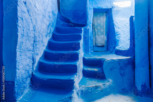 Obraz na płótnie Street View of Blue City houses in Chefchaouen, Morocco in North Africa w salonie