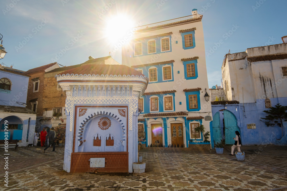 El Haouta Street View of Residential houses from Chefchaouen, Morocco