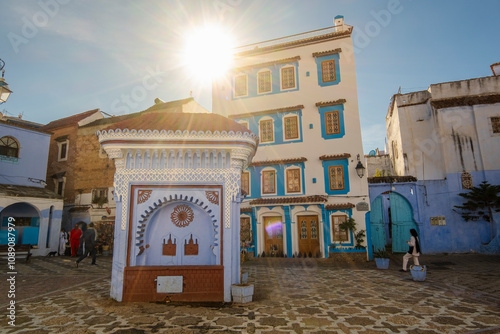El Haouta Street View of Residential houses from Chefchaouen, Morocco