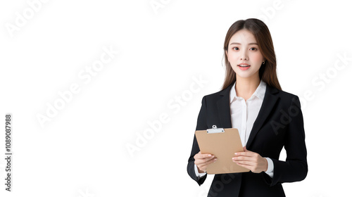 A professional woman holding a clipboard, dressed in business attire. Transparent background.