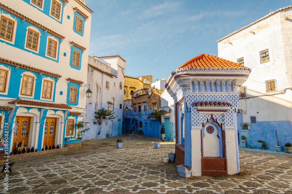El Haouta Street View of Residential houses from Chefchaouen, Morocco in North Africa