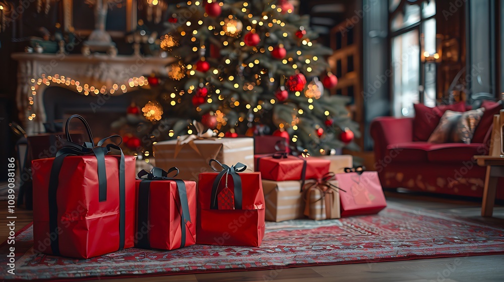 Vibrant gift bags and carefully wrapped presents under a twinkling Christmas tree, creating a joyful atmosphere that captures the magic of Christmas day. Vibrant gift bags and carefully wrapped presents under a twinkling Christmas tree, creating a joyful atmosphere that captures the magic of Christmas day.