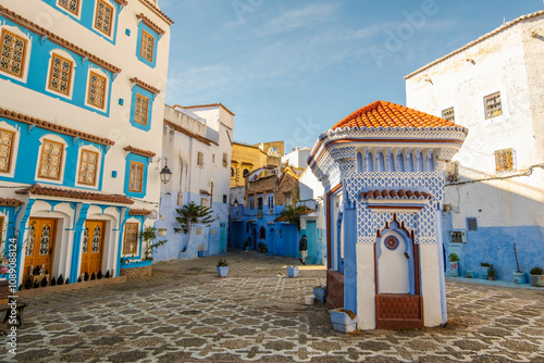 El Haouta Street View of Residential houses from Chefchaouen, Morocco in North Africa